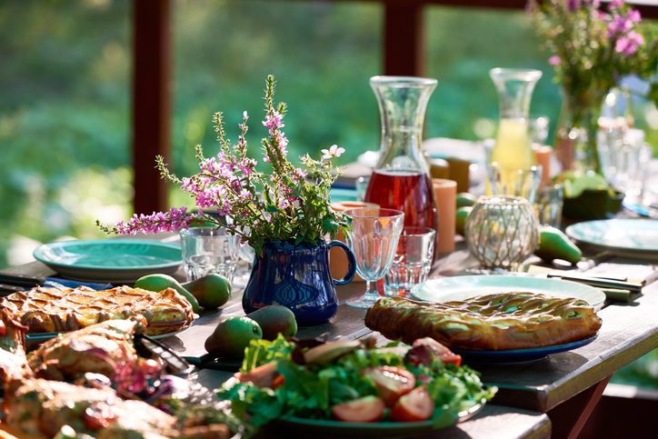 Festive table with food and drinks on it