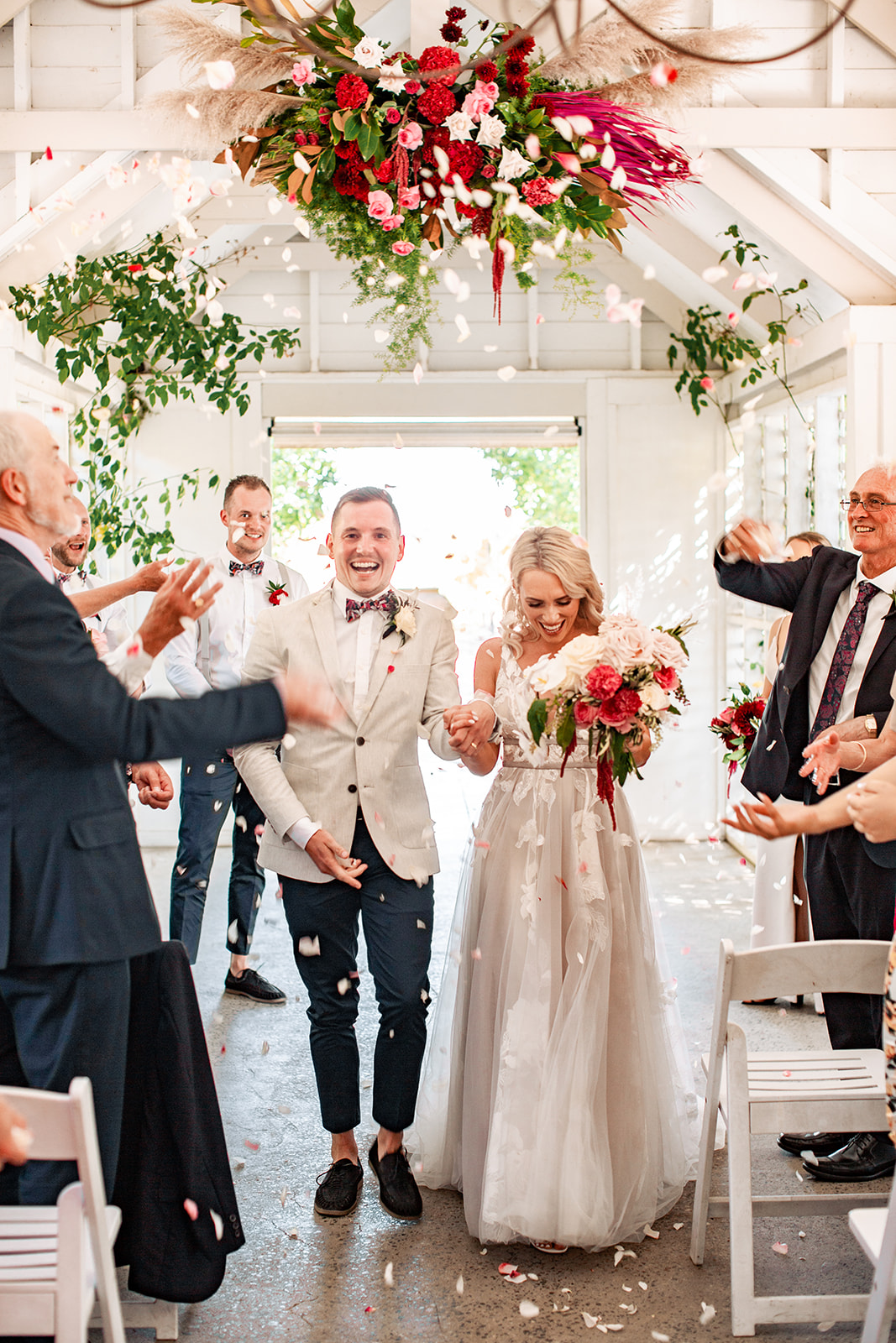 Modern boho wedding on the Mornington Peninsula. Dalywaters Garden Chapel ceremony, reception at Alatonera Restaurant. Photographed by Runaway Hearts. Macy & Sean.