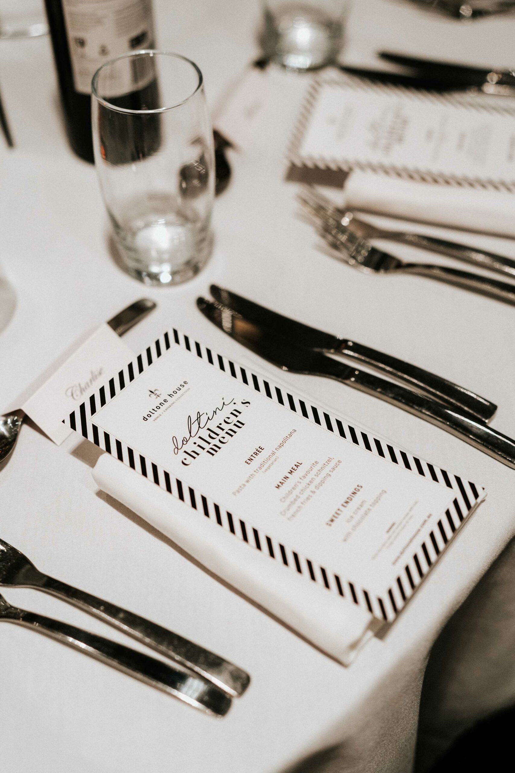 Doltone House Jones Bay Wharf Sydney wedding, Riannon and Mitch, table setting with menu, photo by The Evoke Company