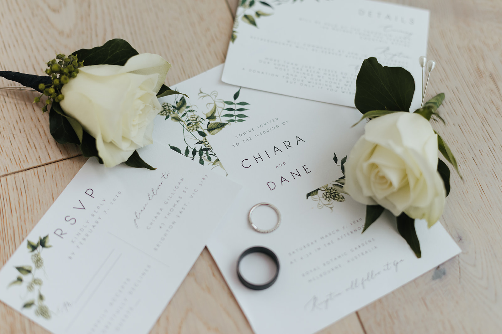 Wedding invitations for Chiara and Dane's Terrace at the Royal Botanic Gardens Melbourne wedding