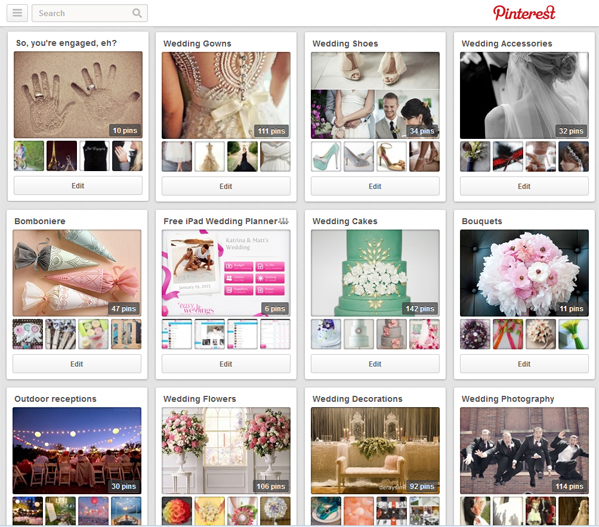 Pinterest is a collection of boards. This is a screenshot of Easy Weddings' Pinterest board.