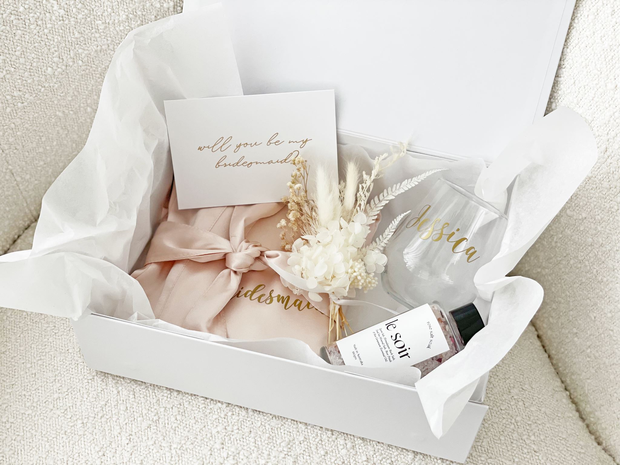 Bridesmaid Gift Box with Silver Foil Trim includes Robe, Glass Water  Bottle, Pen, and Hair Scrunchy - Bridesmaid Gifts Boutique