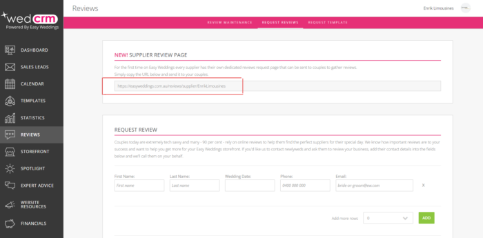 Your unique Reviews URL can be found in the Reviews tab of your WedCRM.