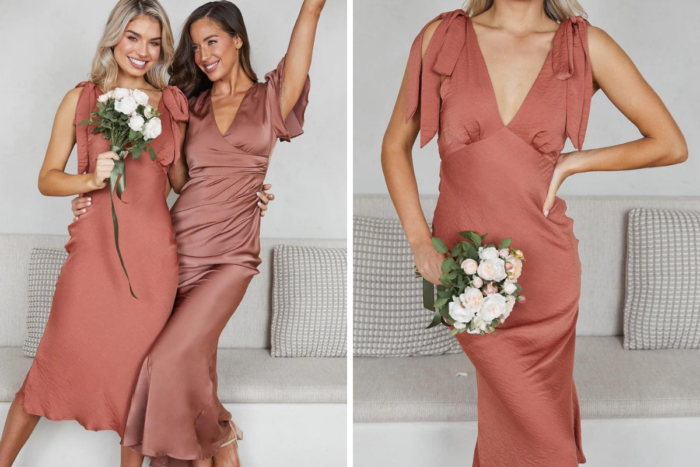 Beautiful 'Eleanora' and 'Doren' rust bridesmaid dresses from Esther & Co