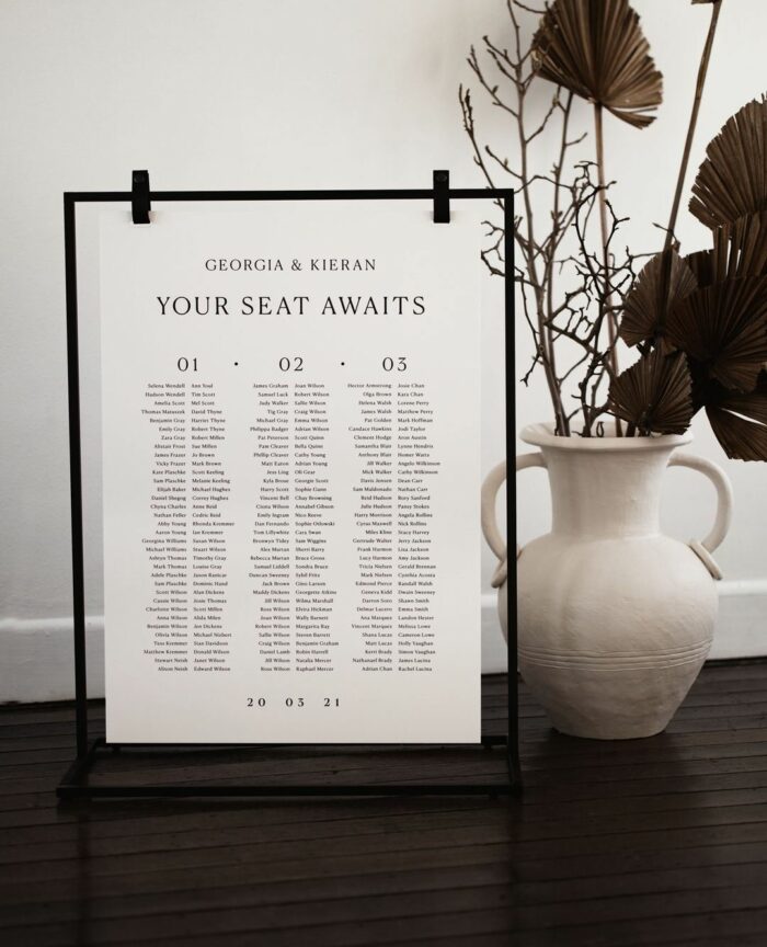 Wedding plus ones seating chart by Peppermint Press