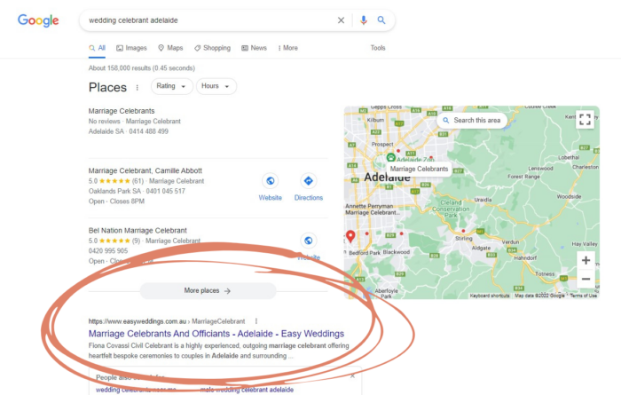 Google search result for 'wedding celebrant Adelaide'