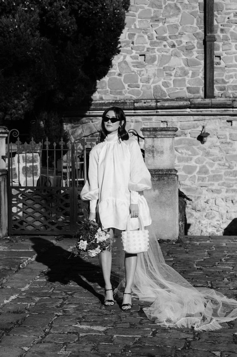 Hariette Gordon Satin Organza Mini Long Sleeve Wedding Dress Photo by Chloe May