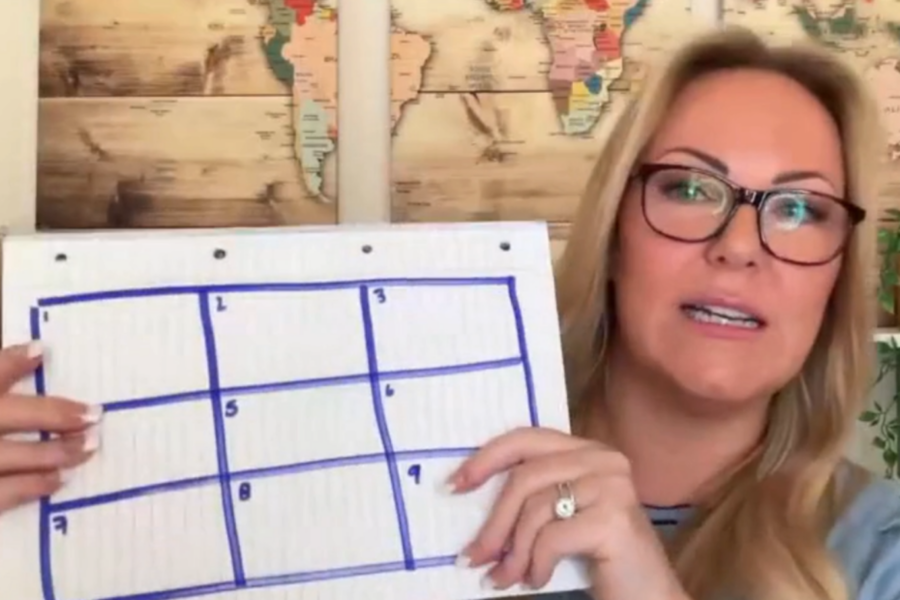 Kelly Mortimer's 9-Step action plan begins with drawing a 3x3 grid of 9 boxes.