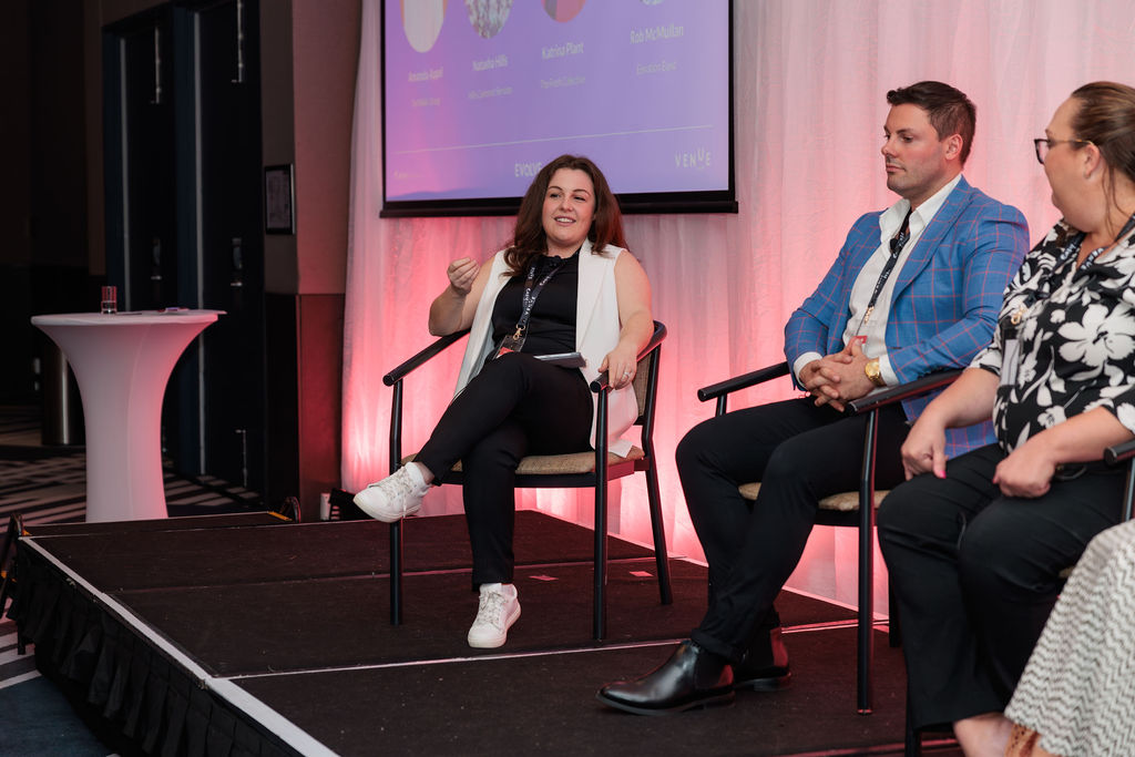 Evolve 2024 Brisbane panel: (From left) Darcy Allen of Easy Weddings and Venue Crew, Rob McMullan of Elevation Band, and Katrina Plant of The Fresh Collective. Image: DMS Photography